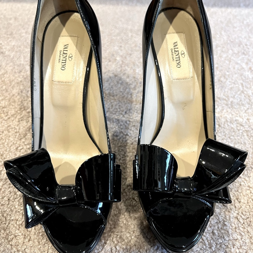 Valentino Black Patent Bow Peep Toe Pumps